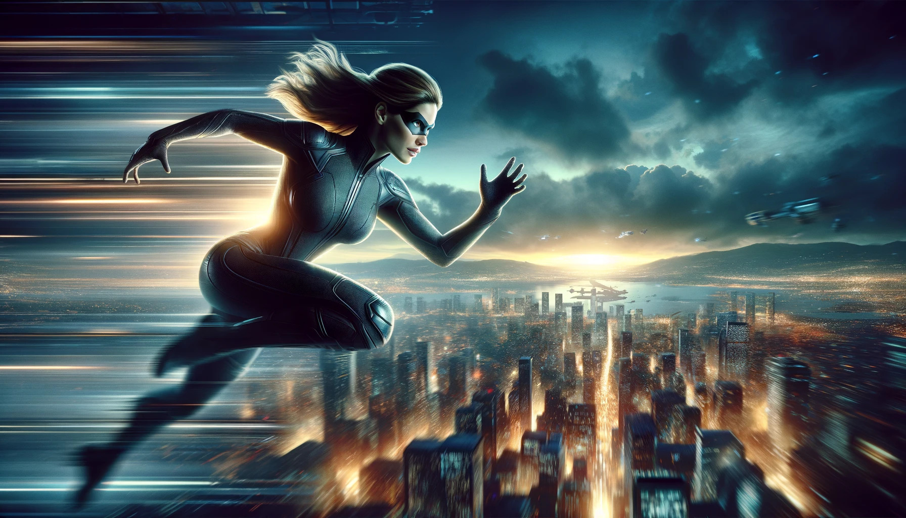 DALL·E 2024 07 22 00.20.30   A highly detailed cinematic image of a single female superhero in a dynamic action scene. She is mid leap from a rooftop, her tight costume highlighti